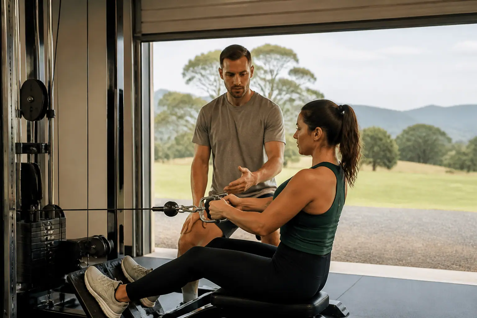 Personal trainer coaching a client through a cable row in a one-to-one session in Sunbury