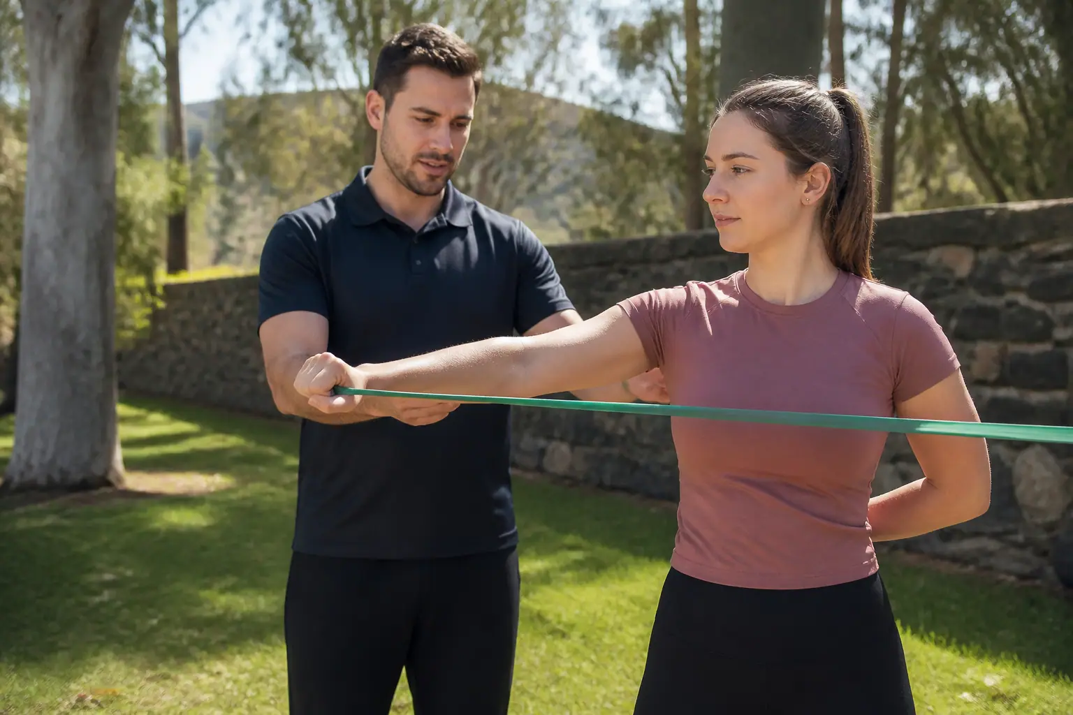 Shoulder rehabilitation exercise with a resistance band in a Sunbury park