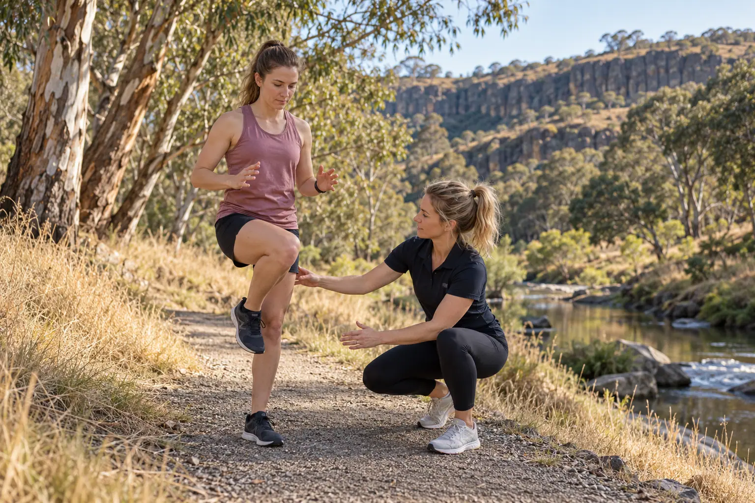 Physiotherapist coaching a runner through a single-leg rehab exercise on a Jacksons Creek trail in Sunbury